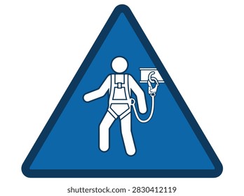 A blue triangular safety sign featuring a white pictogram of a worker wearing a full body harness attached to a secure anchor point.