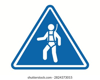 A blue triangular safety sign with a white border, featuring a white pictogram of a person wearing a safety harness, indicating fall protection.