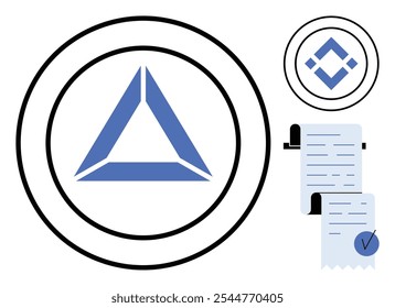 Blaues Dreieckssymbol auf einem Kreis, zusammen mit einem blauen Rautensymbol und einem aufgerollten Dokument mit blauem Häkchen. Ideal für digitale Währung, Finanzen, Blockchain, Online-Transaktionen