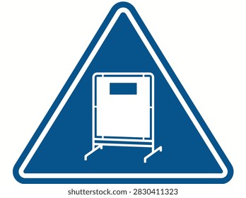 A blue triangular traffic sign featuring a white icon of a portable barrier or construction fence, indicating a work zone or obstacle ahead.