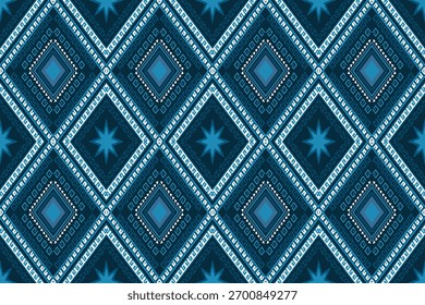 Blue tribal geometric pattern with diamond and star motifs in navy and white tones. Perfect for ethnic textiles, modern fabric design, and boho fashion projects.