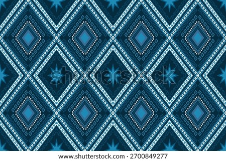 Blue tribal geometric pattern with diamond and star motifs in navy and white tones. Perfect for ethnic textiles, modern fabric design, and boho fashion projects.
