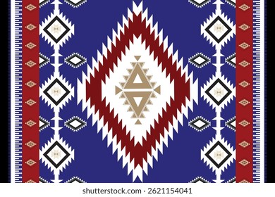 Blue tribal pattern with central diamond and triangle motifs.