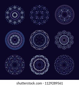 Blue tribal set of 9 vector mandalas.