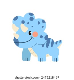 Blue Triceratops Isolated on White Background. Cute Cartoon Character. Design for T-shirt, Invitations, Greeting Cards. Vector Illustration.