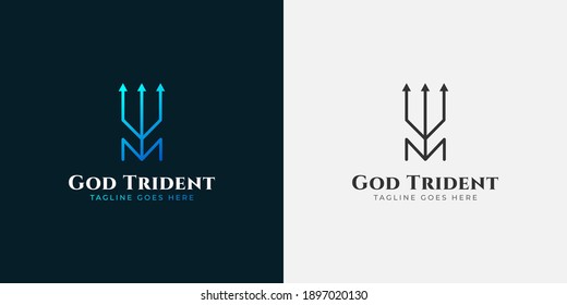 Blue trident logo in line style concept. Initial letter m logo for your business identity