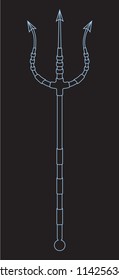 A blue trident on a black background.