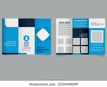 Blue trifold brochure for business. Vector graphics.