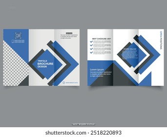 Blue trifold brochure for designer. Business concept. Vector illustration