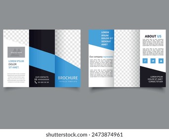 Folleto triple azul. Vector editable y ligero con lugares para Fotos. Proporcionalmente A4