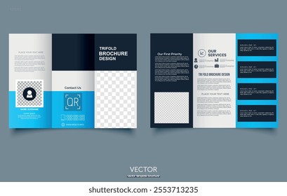 Blue trifold brochure with geometric abstract shapes.