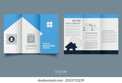 Blue trifold brochure with geometric abstract shapes.