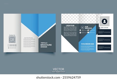 Blue trifold brochure with geometric shapes. For the layout