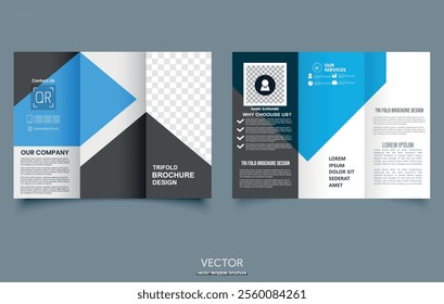 Blue trifold brochure with geometric shapes. For the layout