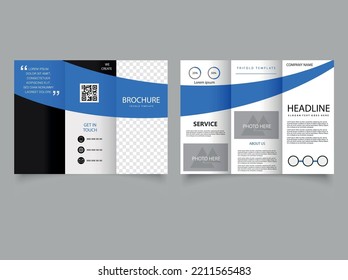 Blue trifold brochure for presentation. Vector empty trifold brochure print template design with blue