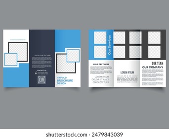 Blue trifold brochure with squares. Modern trifold brochure. Professional tri fold brochure. Simple and minimalist promotion layout