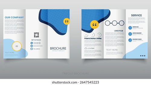 Blue Trifold Brochure Template with Abstract Shapes. Suitable for private businesses and corporate companies.