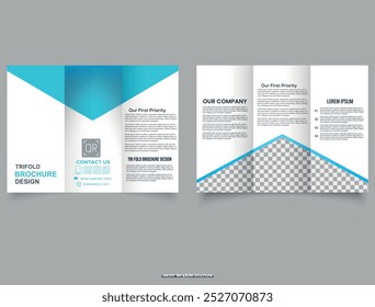 Folleto triangular azul con triángulo. Folleto de Plantilla. Diseño de Vector de folleto tríptico creativo y de Profesional.