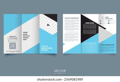 Blue trifold brochure with triangles.