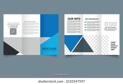 Blue Trifold Brochure with Triangles. Trifold Print Ready Brochure Template.