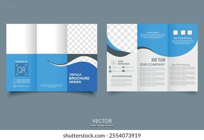 Blue trifold brochure with waves.