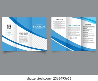 Blue trifold brochure with waves. Vector editable template. brochure template design