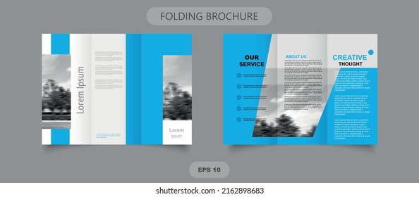 Blue tri-fold business brochure design template. Business brochure layout with place for photo.