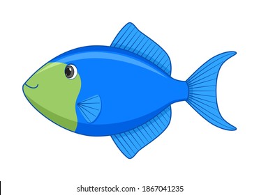 Blue triggerfish fish on a white background. Cartoon style vector illustration