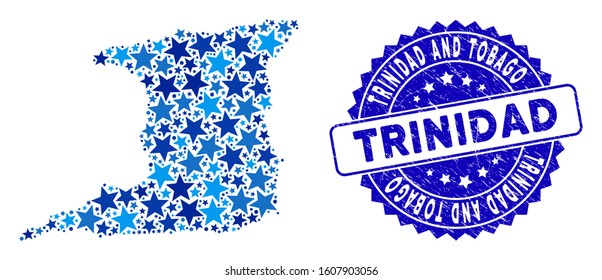 Blue Trinidad Island map composition of stars, and scratched round stamp seal. Abstract geographic plan in blue shades. Vector Trinidad Island map is designed of blue stars.