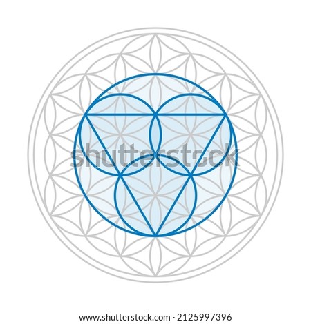Blue trinity symbol, three circles for the Father, the Son Jesus Christ, and the Holy Spirit, over a gray Flower of Life, a geometrical figure, with overlapping circles, forming a flower-like pattern.