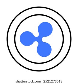 Um logotipo de criptomoeda ondulação tripontilhada azul é centrado dentro de dois círculos concêntricos pretos. Ideal para criptomoeda, finanças, blockchain, dinheiro digital, moedas virtuais, design limpo. Minimalista