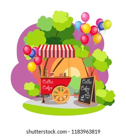A blue trolley with a roof in the park. Coffee and sweets. Board with the menu. Air balloons. Evening sky. Autumn. Vector illustration.

