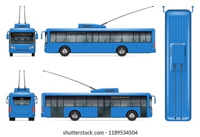 Blue trolleybus vector mockup on white background for vehicle branding, corporate identity. View from side, front, back, top. All elements in the groups on separate layers for easy editing and recolor