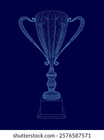 Blue trophy with a blue background. The trophy is in a 3D format. The trophy is a symbol of achievement and success