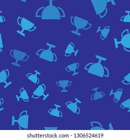 Blue Trophy cup icon isolated seamless pattern on blue background. Award symbol. Champion cup icon. Vector Illustration