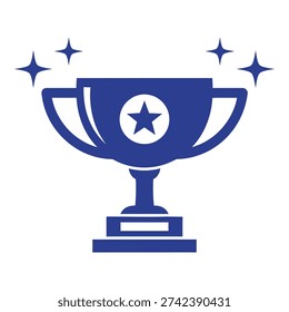 Blue trophy cup icon with star and sparkles on white background icon