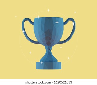 Blue Trophy Cup on Yellow Background. Low Poly Vector 3D Rendering