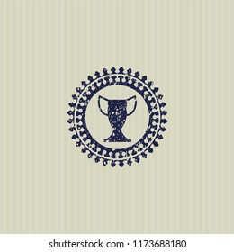 Blue trophy icon inside distress rubber grunge texture seal