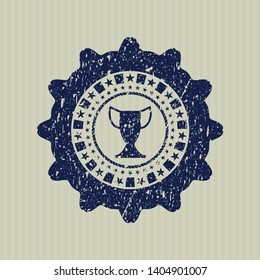 Blue trophy icon inside distress rubber stamp