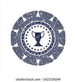 Blue trophy icon inside grunge stamp