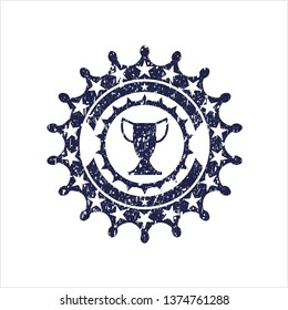 Blue trophy icon inside rubber grunge seal