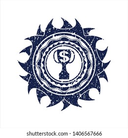 Blue trophy with money symbol inside icon inside distress rubber stamp