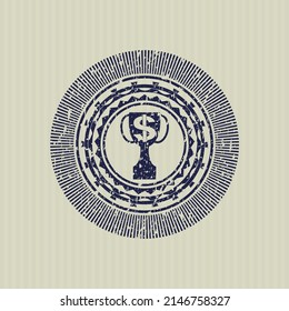 Blue trophy with money symbol inside icon inside distressed rubber stamp. 