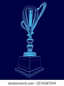 Blue trophy is shown in a blue background. The trophy is tall and has a blue base