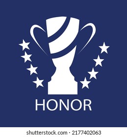 a blue trophy with a star on the right and left