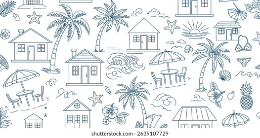 Blue tropical beach seamless pattern. Ink drawing summer vacation print with houses, palms, sea scene, sunset, elements. Cute vector illustration, textile design, exotic wallpaper, repeat background
