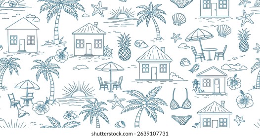 Blue tropical beach seamless pattern. Ink drawing summer vacation print with houses, palms, sea scene, sunset, elements. Cute vector illustration, textile design, exotic wallpaper, repeat background