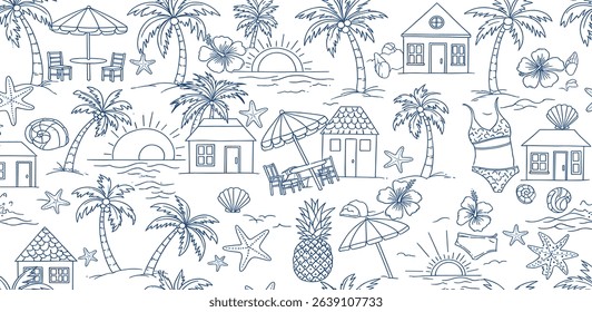 Blue tropical beach seamless pattern. Ink drawing summer vacation print with houses, palms, sea scene, sunset, elements. Cute vector illustration, textile design, exotic wallpaper, repeat background