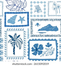 Blue tropical beach stamps seamless pattern. Cute hand drawn palm tree, flowers, seashells, sea island, summer vacation elements in frame. Vector tropic story design, print, exotic wallpaper, textile.
