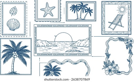 Blue tropical beach stamps seamless pattern. Cute hand drawn palm tree, flowers, seashells, sea island, summer vacation elements in frame. Vector tropic story design, print, exotic wallpaper, textile